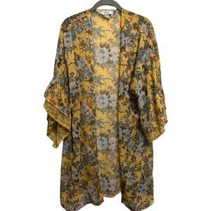 Mudd Sheer Lightweight Kimono Style Ruffle Bell Sleeves Floral Cover Up One Size